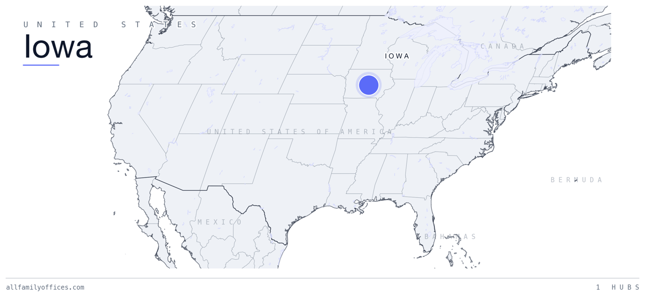 Map of the United States with Iowa marked as a family office hub