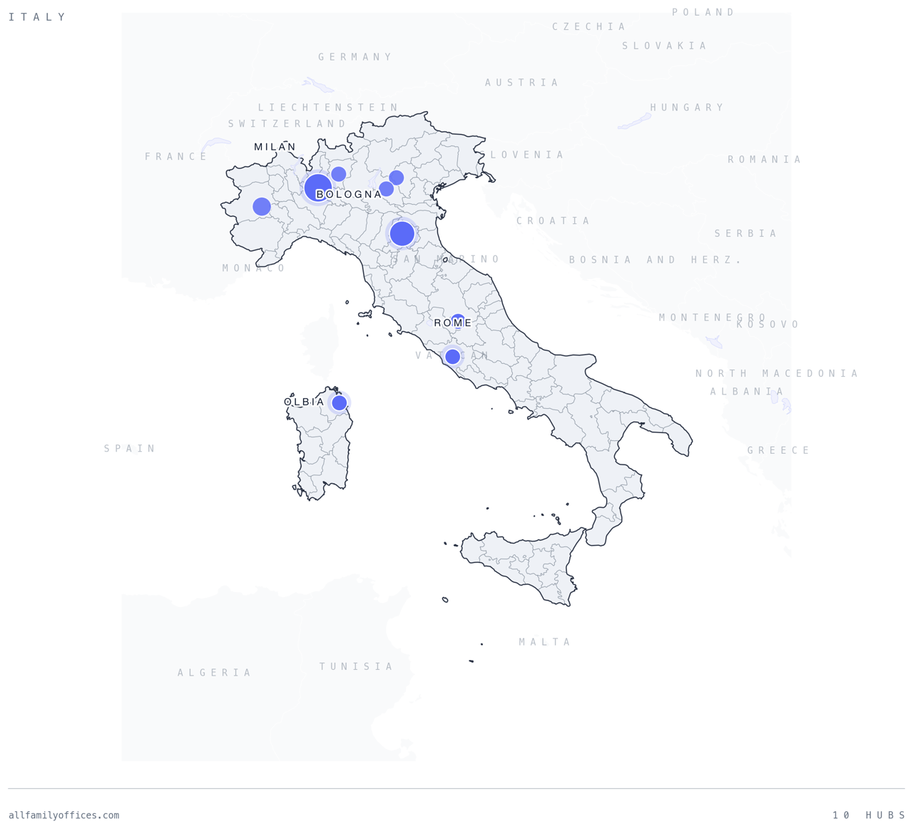 Map of Italy with its family office hubs marked