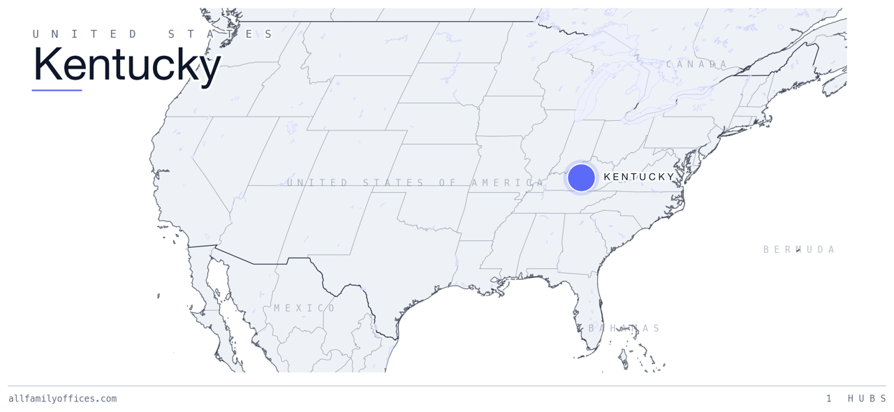 Map of the United States with Kentucky marked as a family office hub