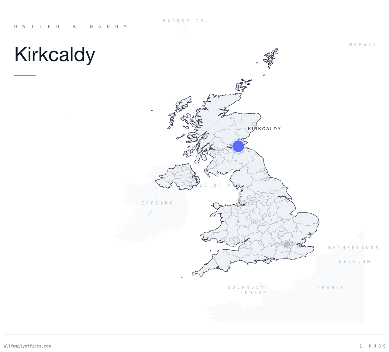 Map of the United Kingdom with Kirkcaldy marked as a family office hub