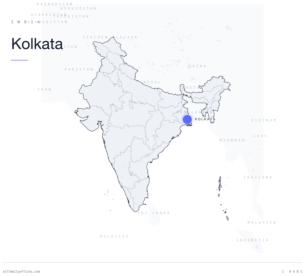 Map of India with Kolkata marked as a family office hub