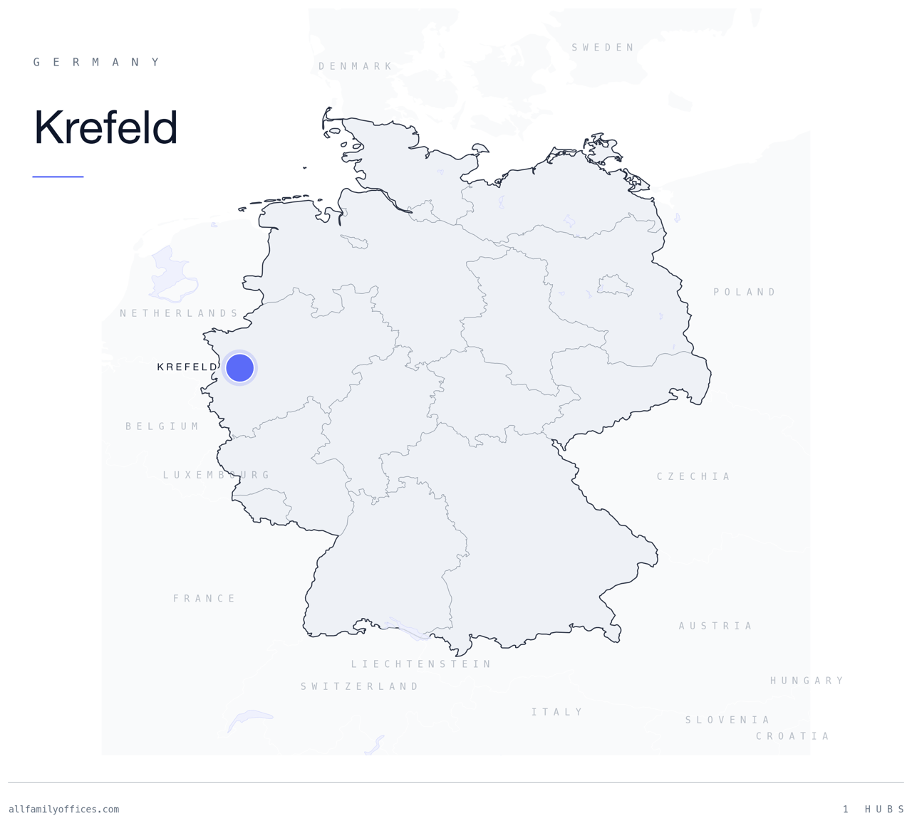 Map of Germany with Krefeld marked as a family office hub