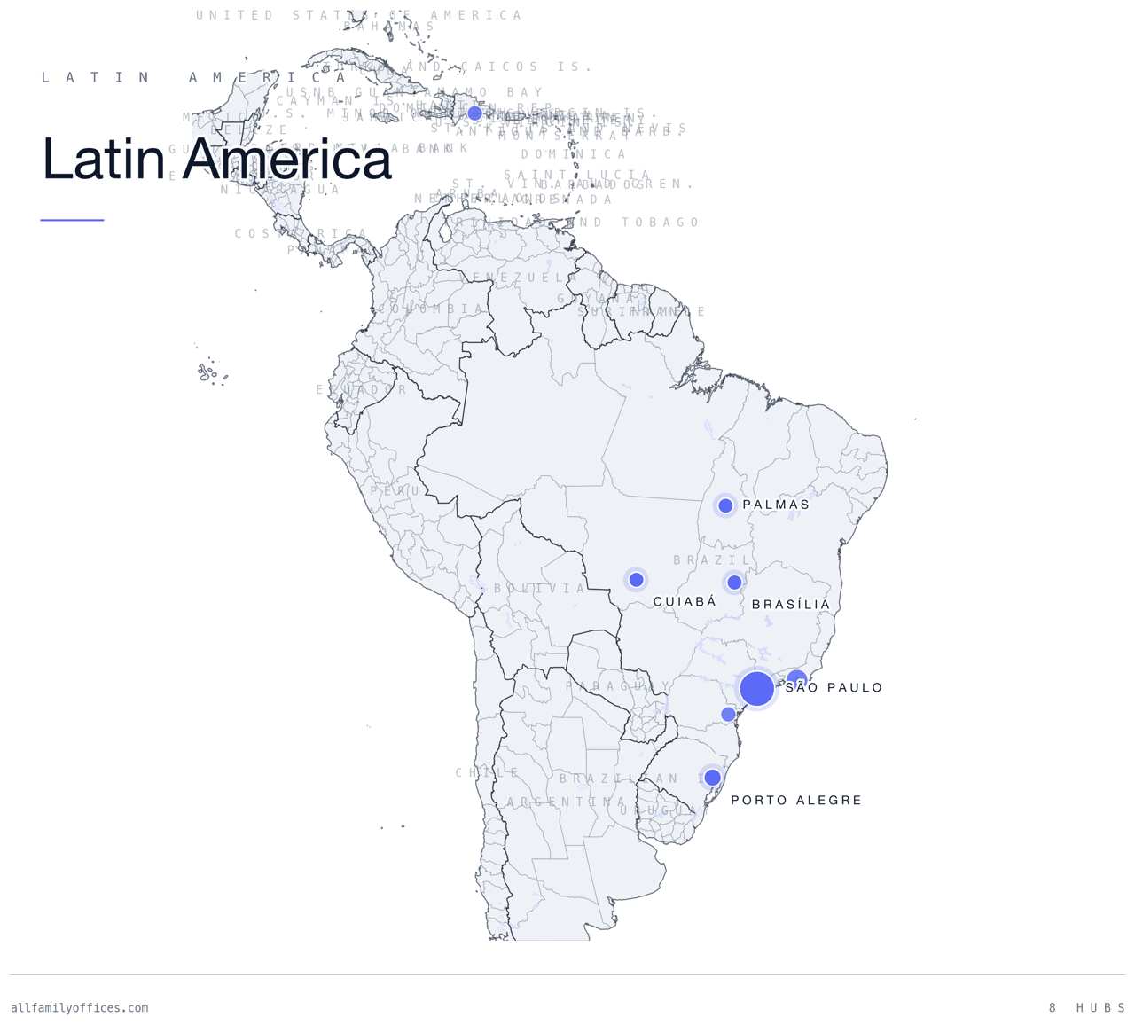 Map of Latin America with its family office hubs marked