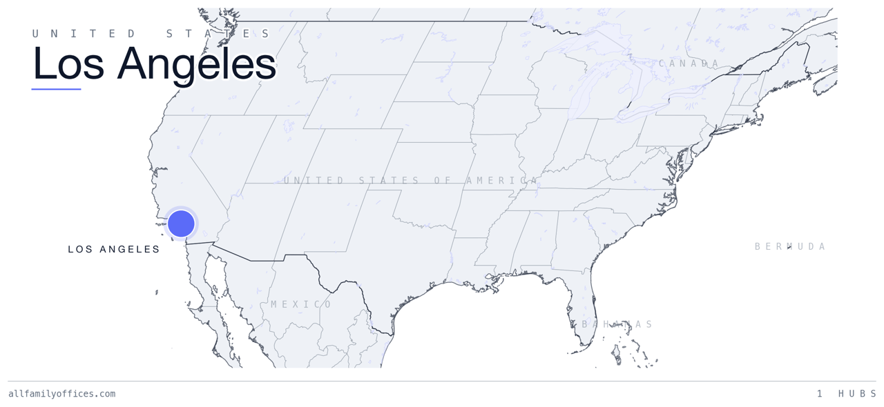 Map of the United States with Los Angeles marked as a family office hub