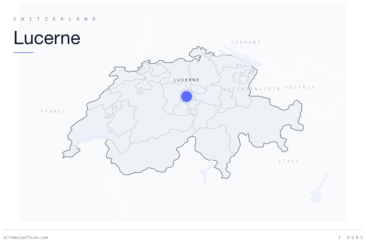 Map of Switzerland with Lucerne marked as a family office hub