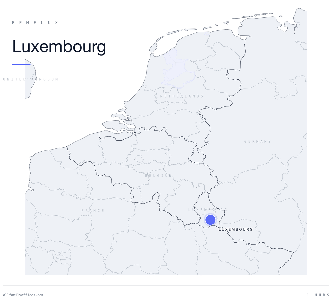 Map of Benelux with Luxembourg marked as a family office hub