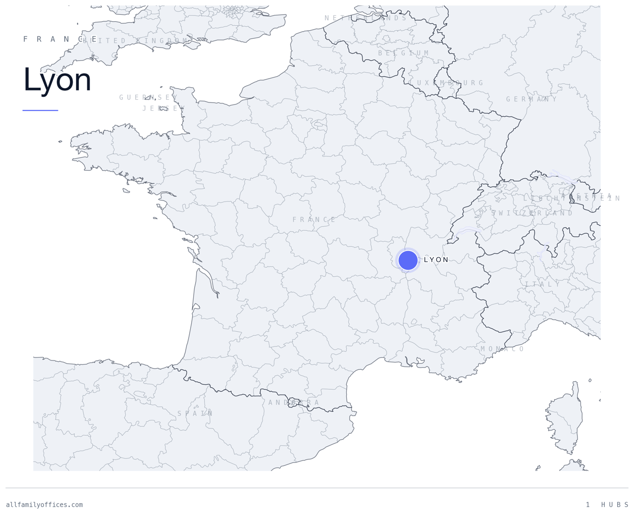 Map of France with Lyon marked as a family office hub