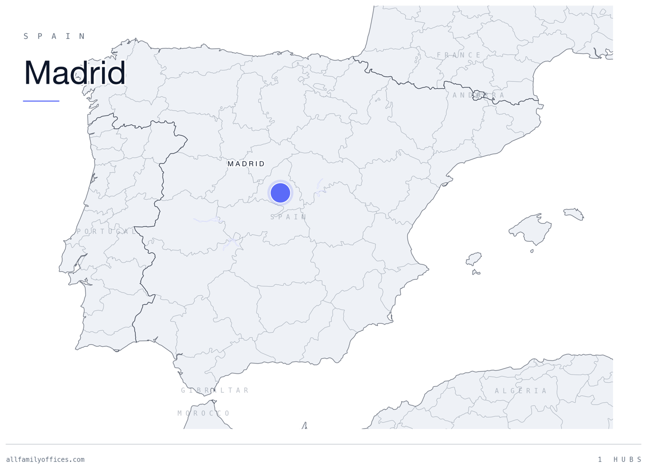 Map of Spain with Madrid marked as a family office hub