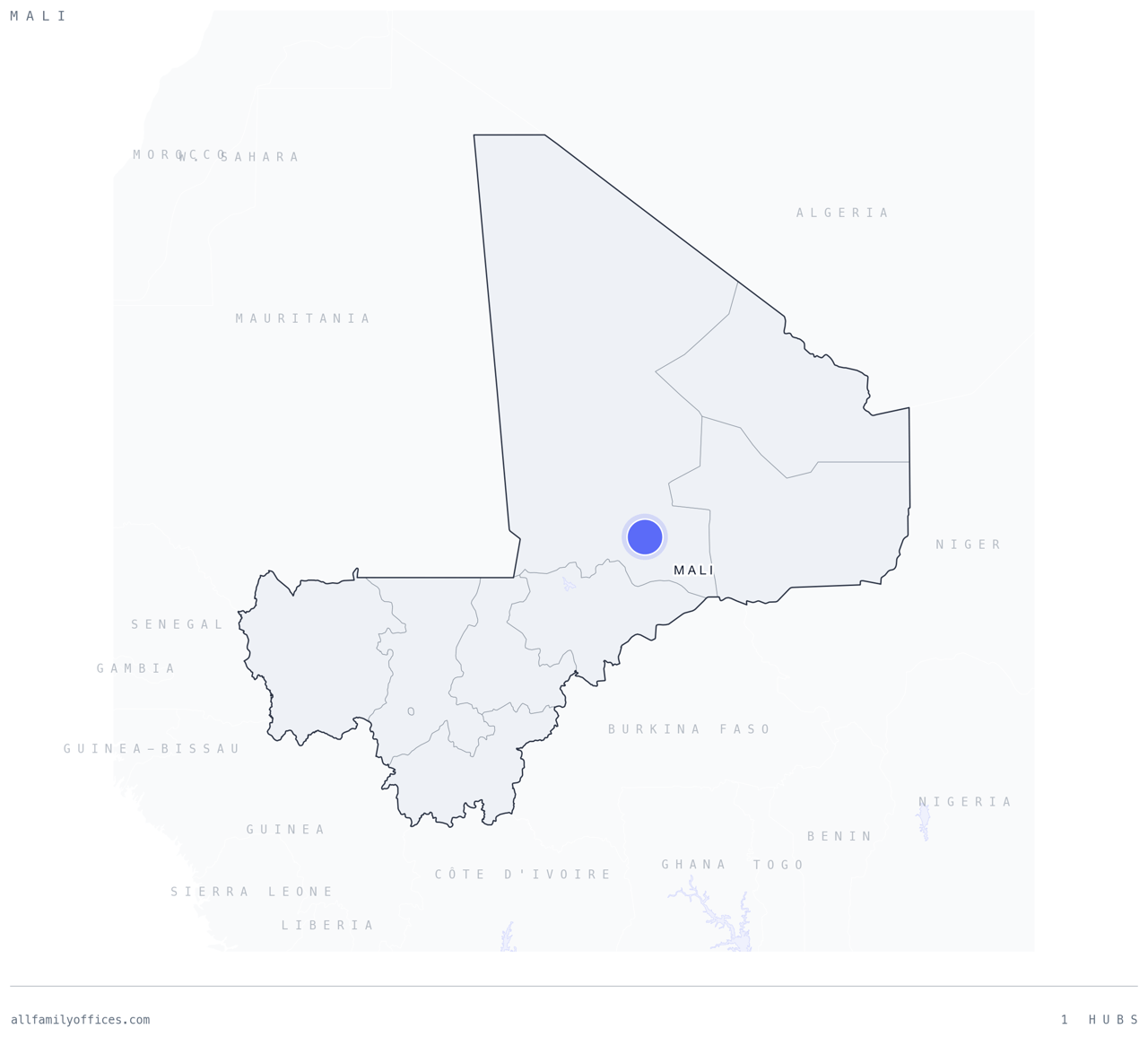 Map of Mali with its family office hubs marked