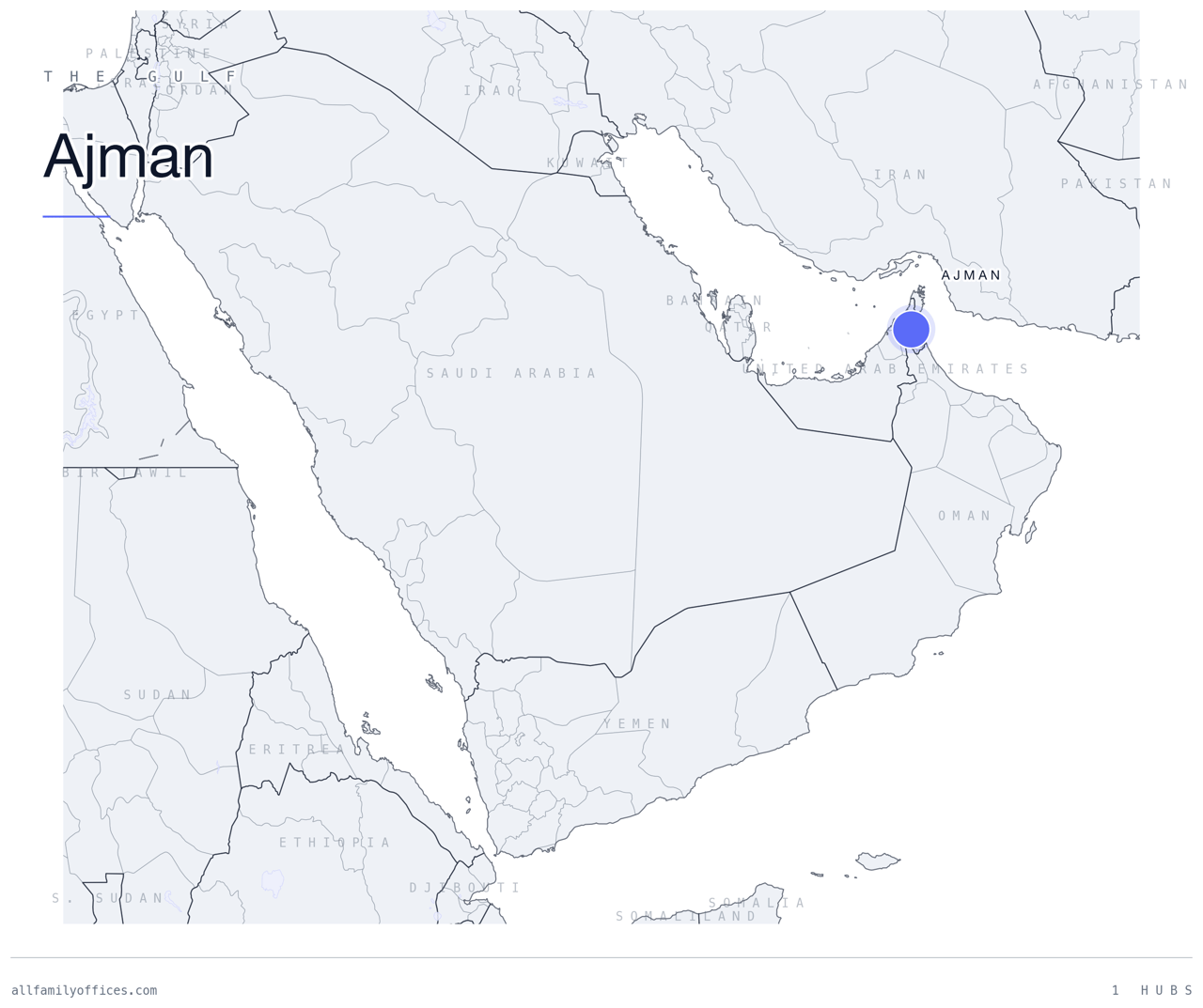 Map of the Gulf with Ajman marked as a family office hub