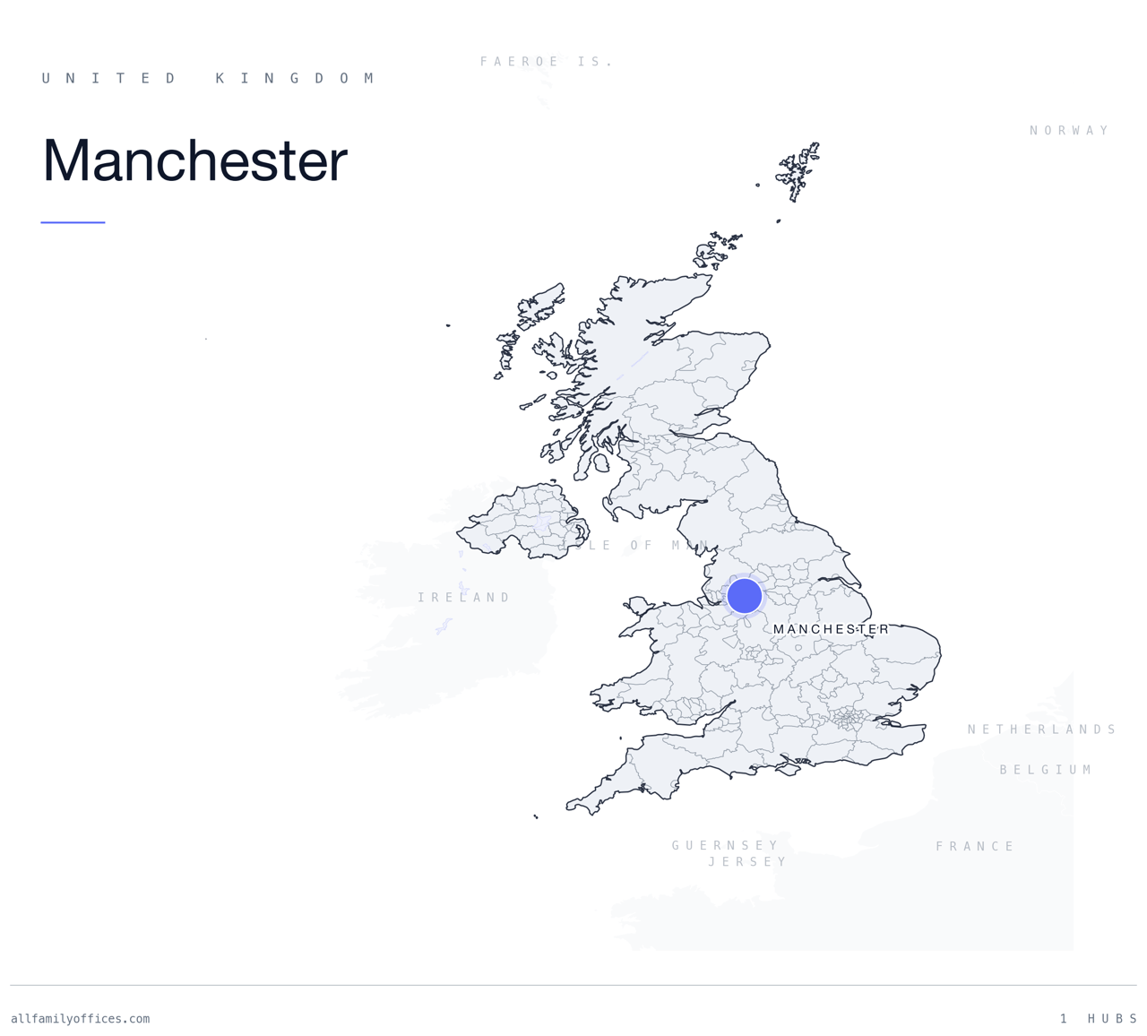 Map of the United Kingdom with Manchester marked as a family office hub