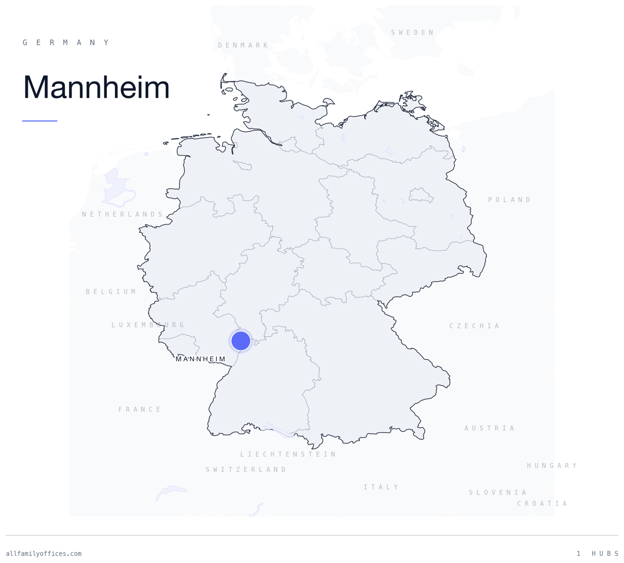 Map of Germany with Mannheim marked as a family office hub