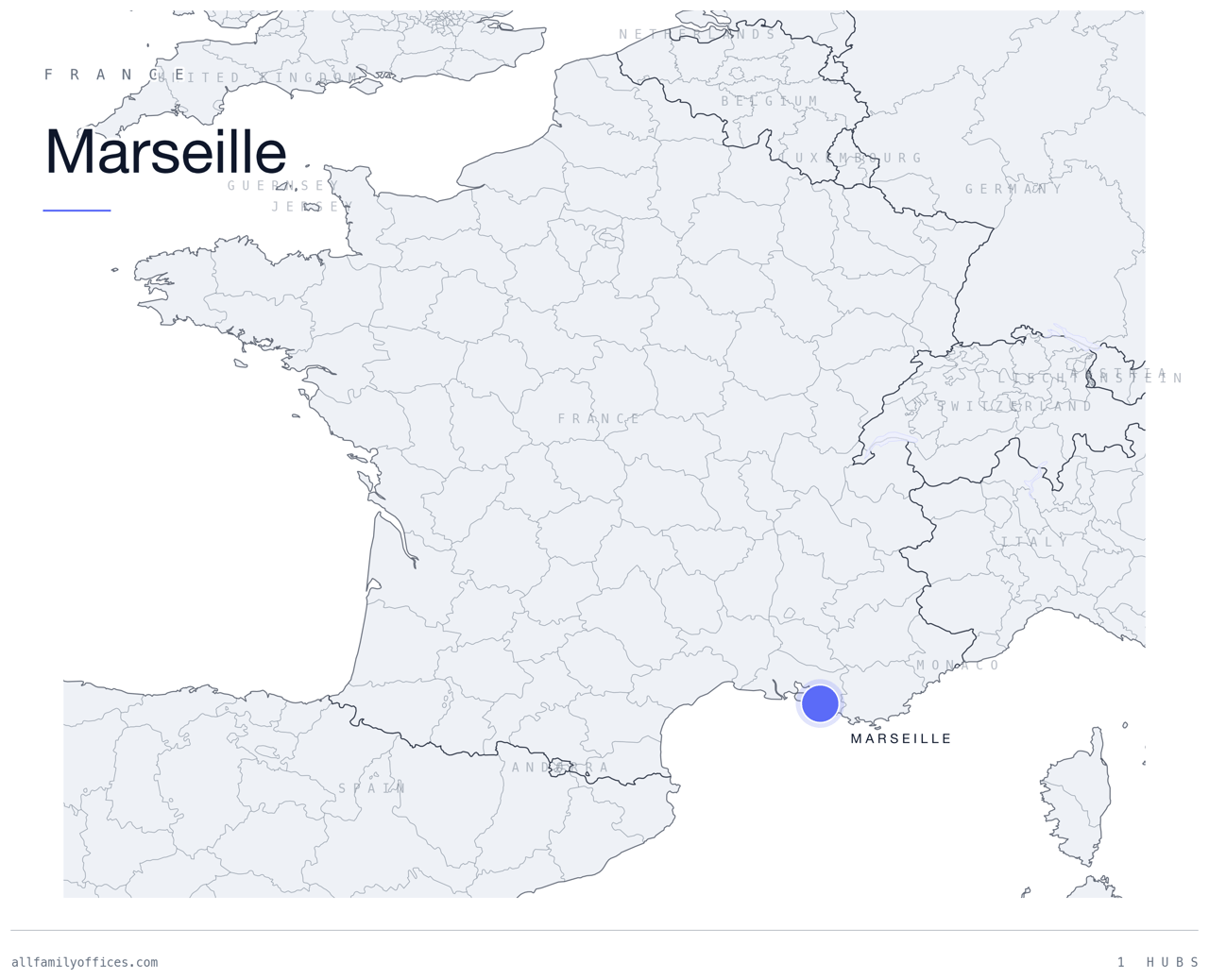 Map of France with Marseille marked as a family office hub