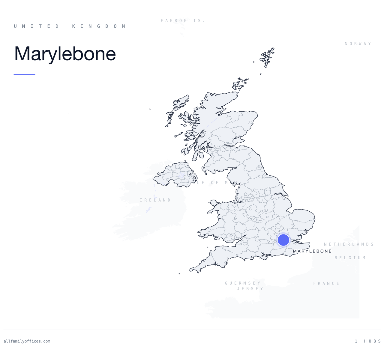 Map of the United Kingdom with Marylebone marked as a family office hub
