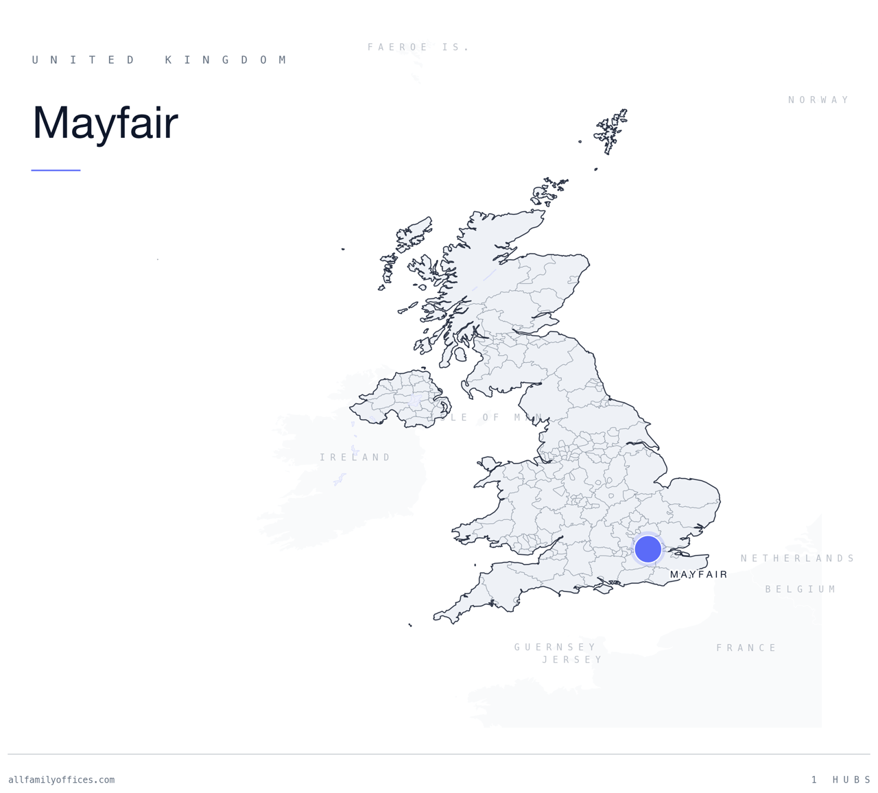Map of the United Kingdom with Mayfair marked as a family office hub