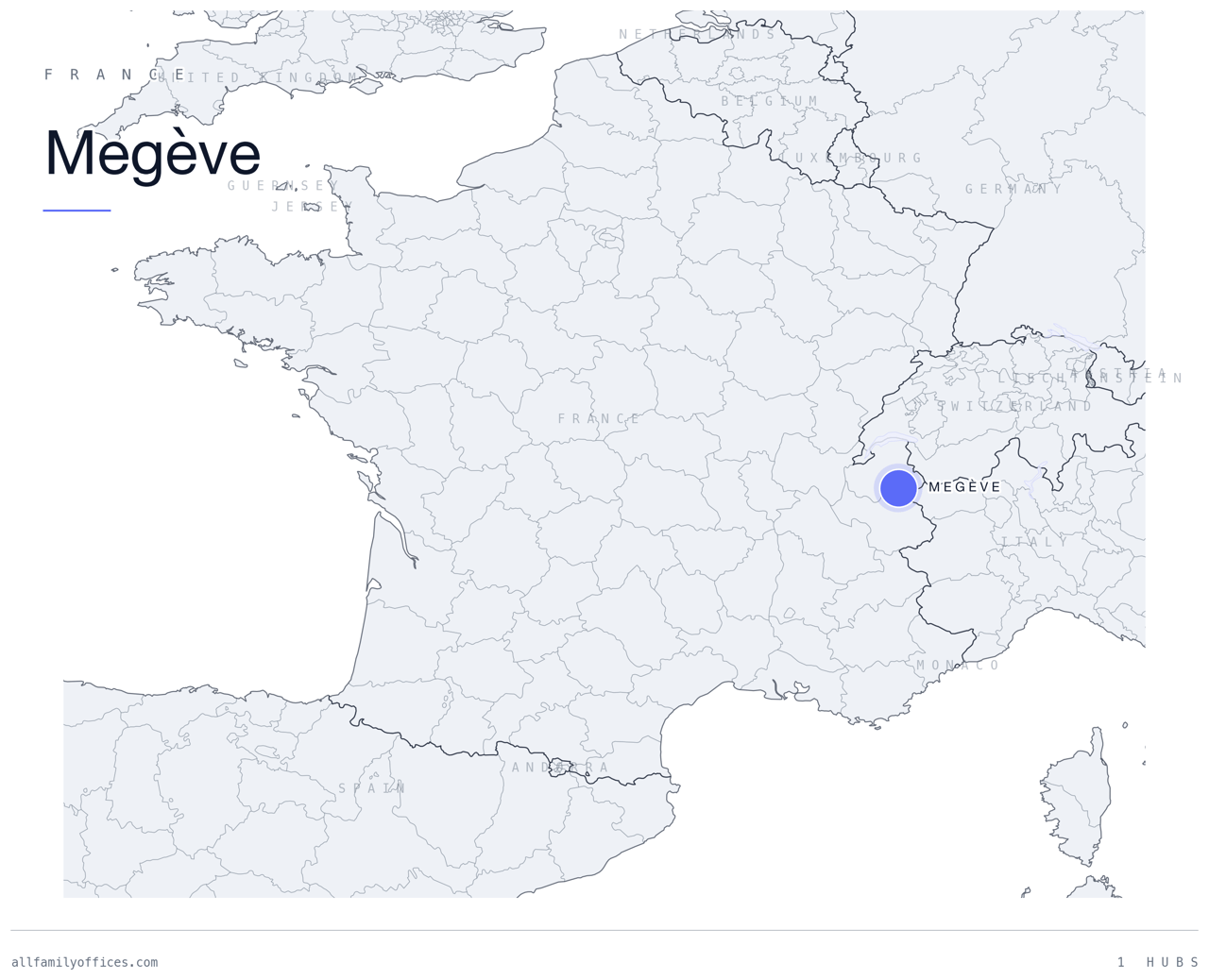 Map of France with Megève marked as a family office hub