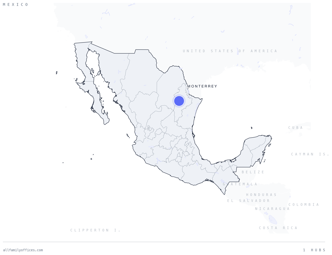 Map of Mexico with its family office hubs marked