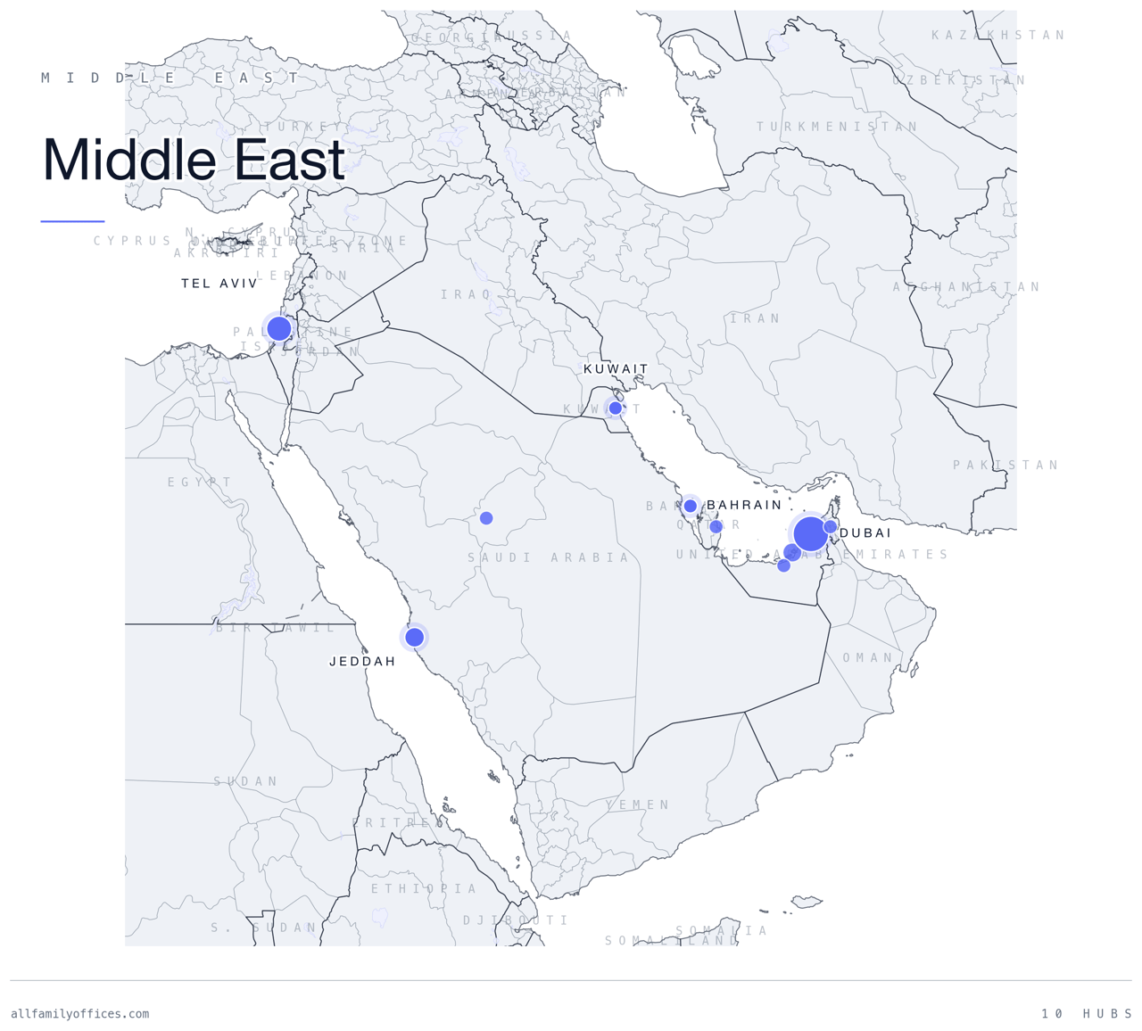 Map of Middle East with its family office hubs marked