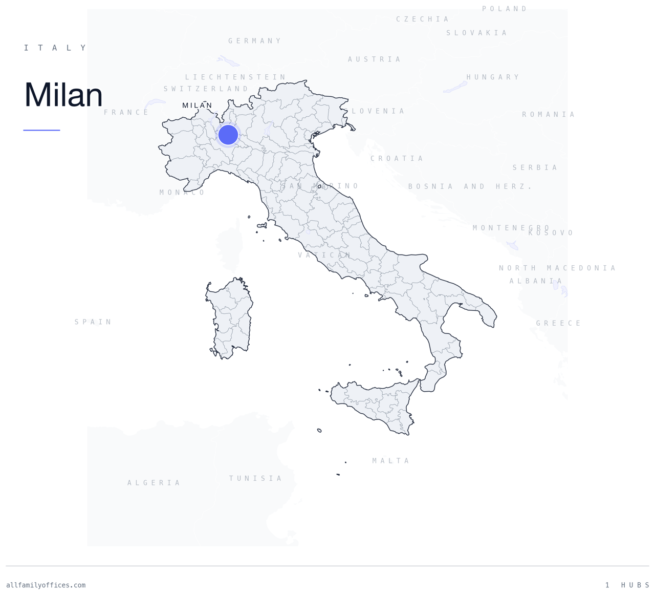 Map of Italy with Milan marked as a family office hub