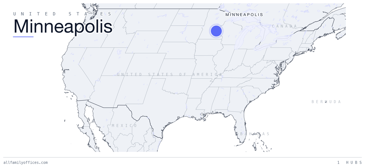Map of the United States with Minneapolis marked as a family office hub