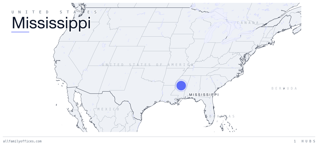 Map of the United States with Mississippi marked as a family office hub