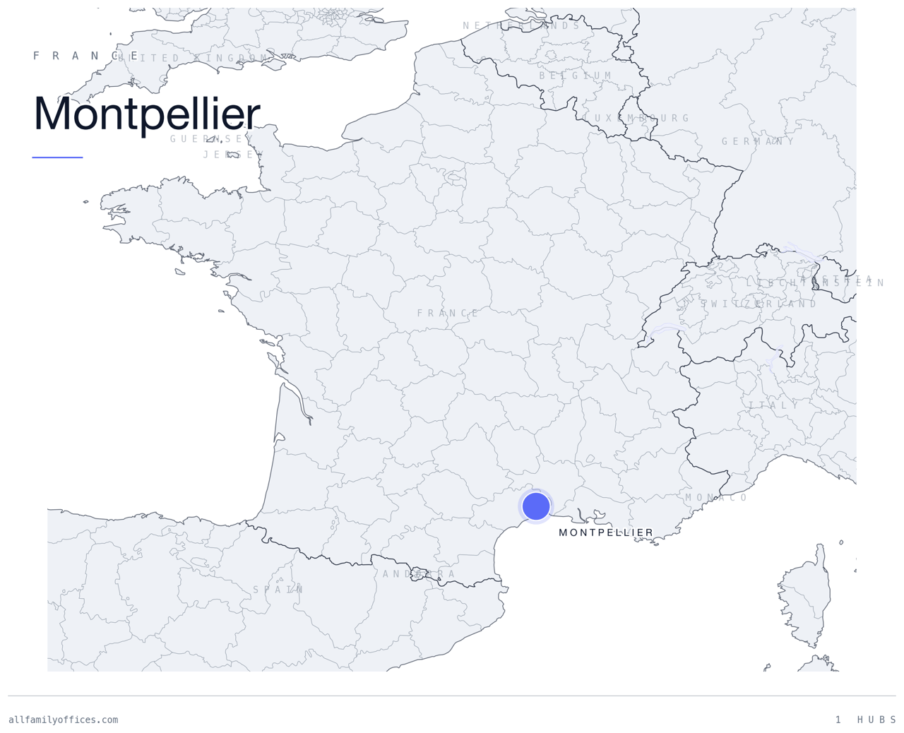 Map of France with Montpellier marked as a family office hub