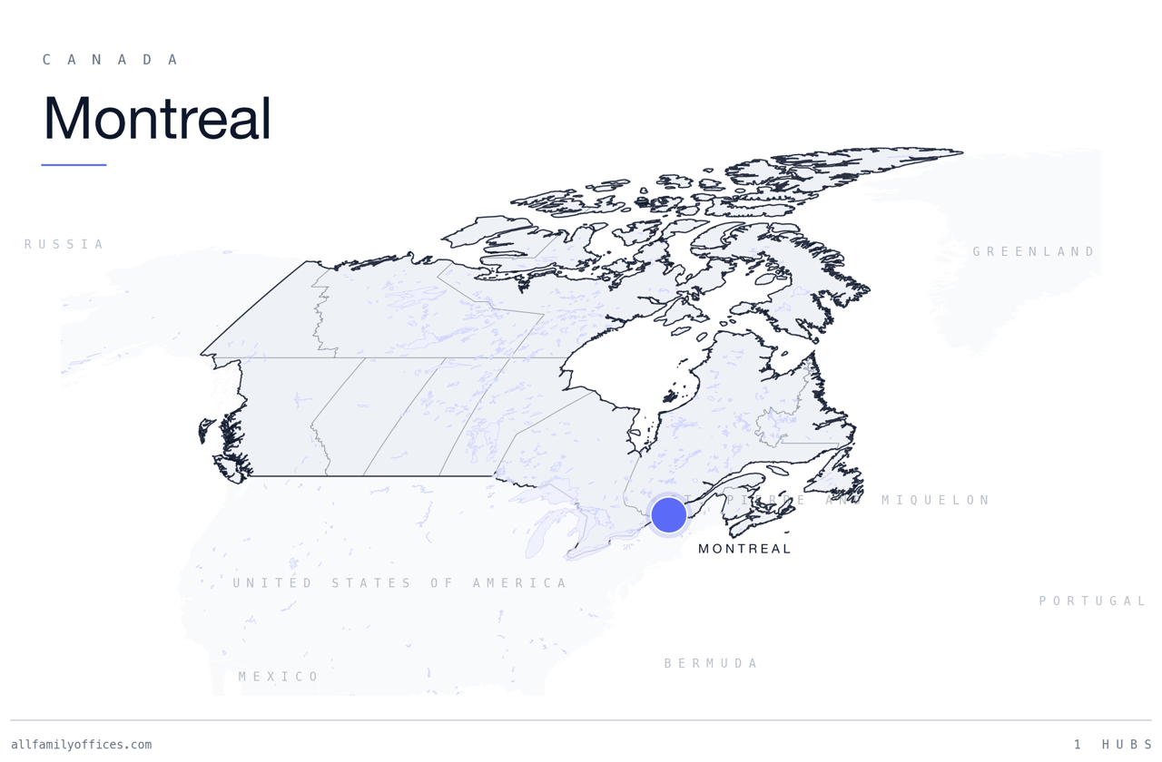 Map of Canada with Montreal marked as a family office hub