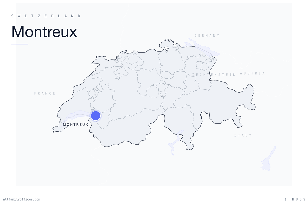 Map of Switzerland with Montreux marked as a family office hub