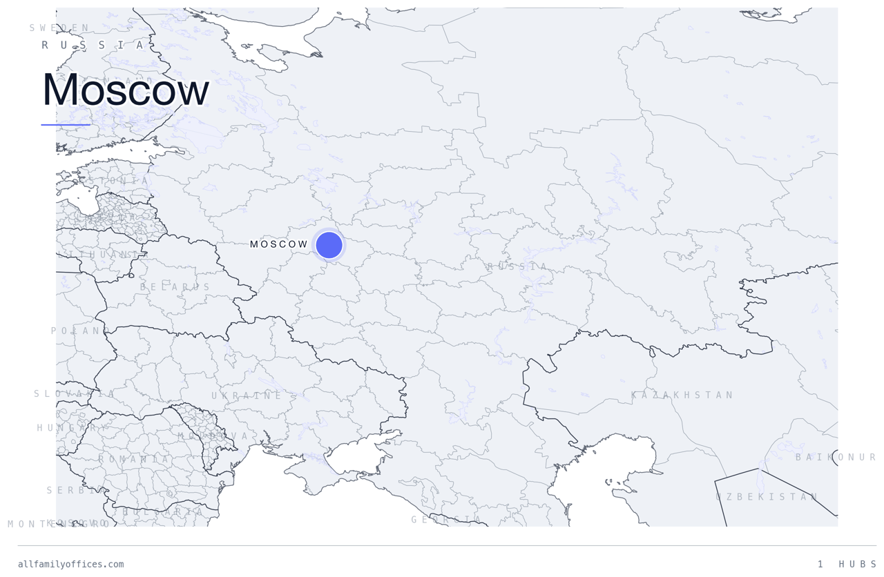 Map of Russia with Moscow marked as a family office hub