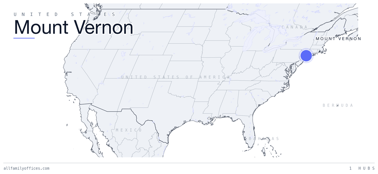 Map of the United States with Mount Vernon marked as a family office hub
