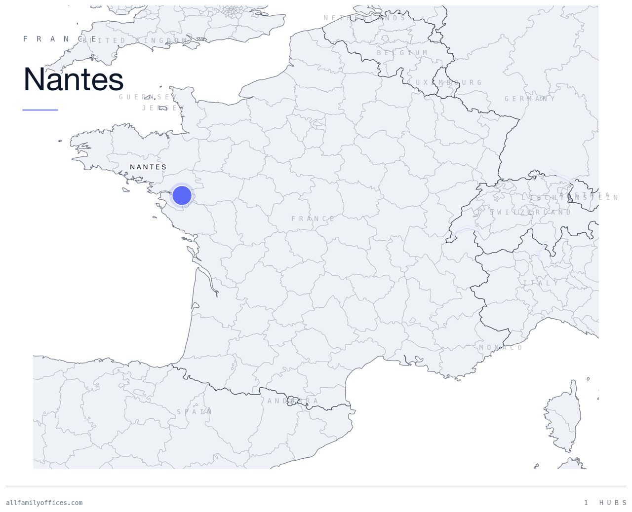 Map of France with Nantes marked as a family office hub