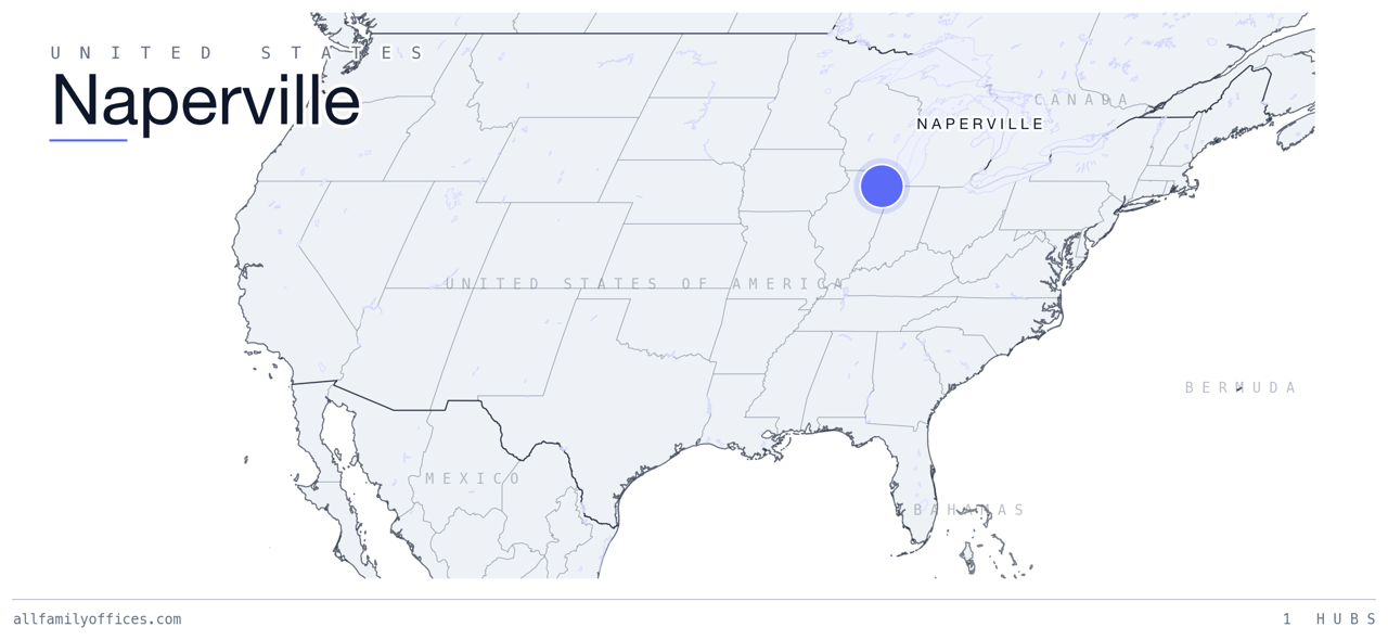 Map of the United States with Naperville marked as a family office hub