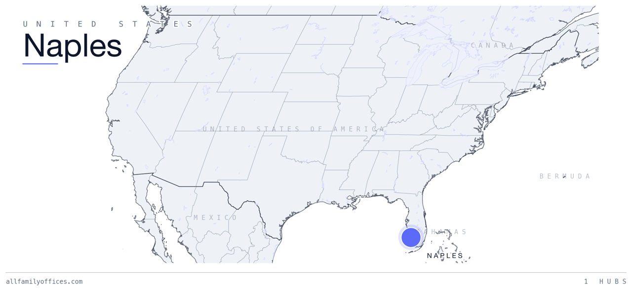Map of the United States with Naples marked as a family office hub