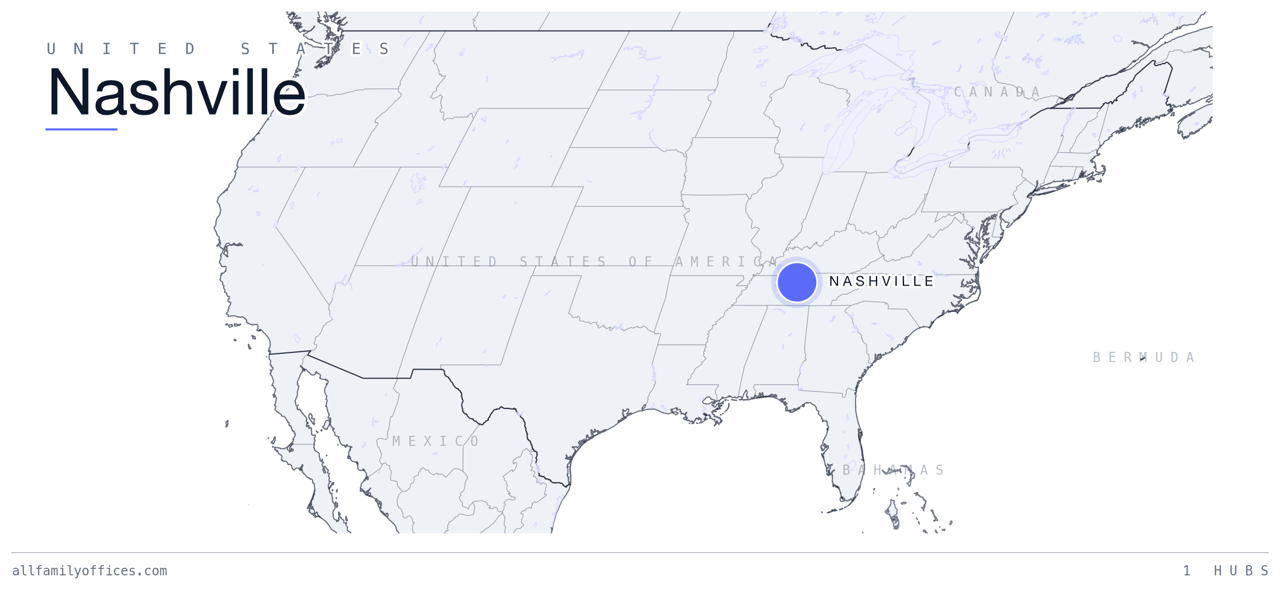 Map of the United States with Nashville marked as a family office hub