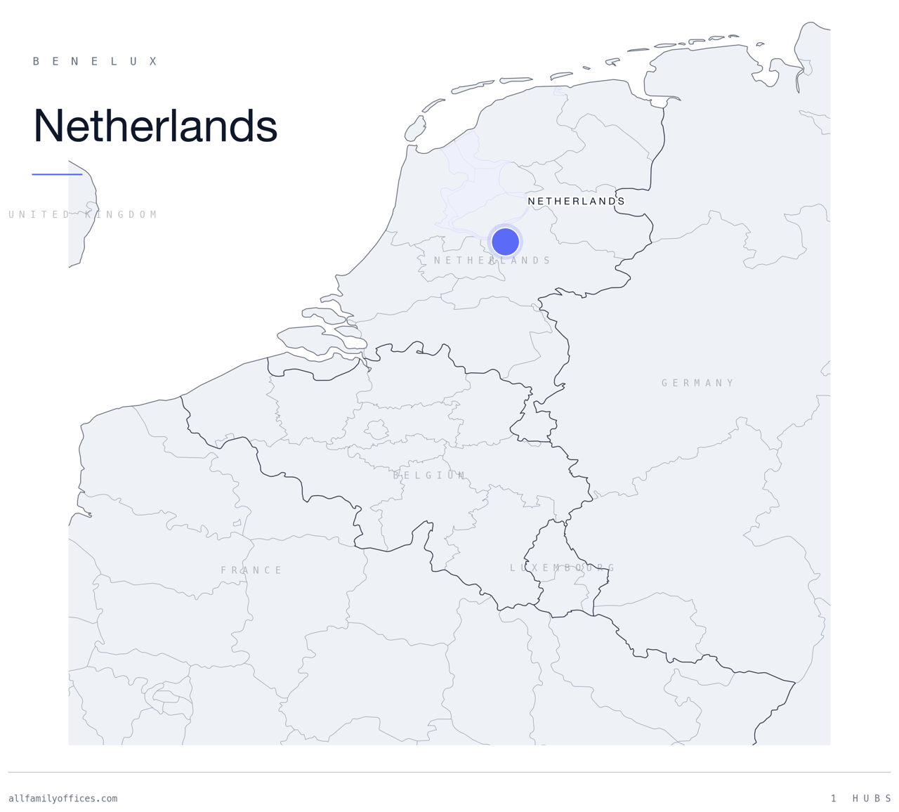 Map of Benelux with Netherlands marked as a family office hub