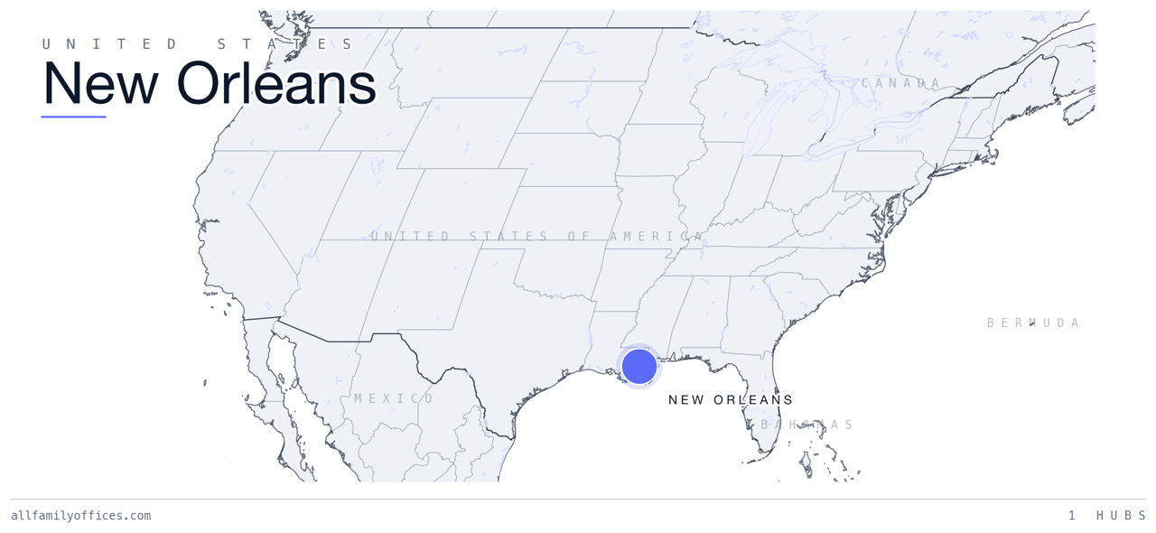 Map of the United States with New Orleans marked as a family office hub