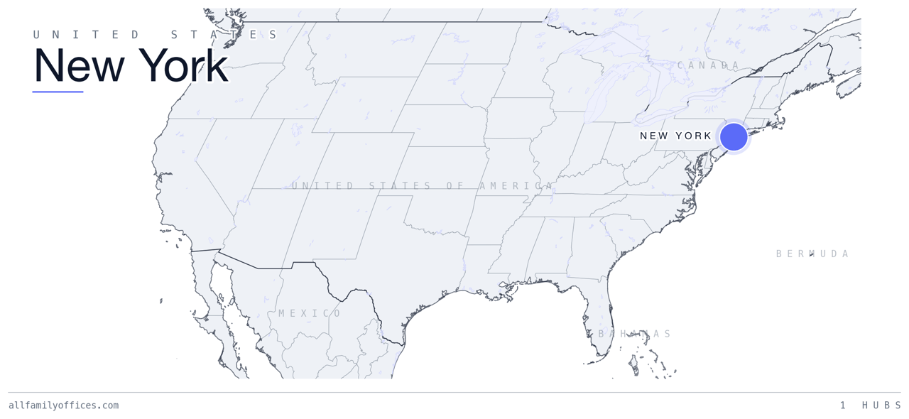 Map of the United States with New York marked as a family office hub