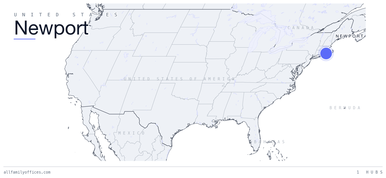 Map of the United States with Newport marked as a family office hub