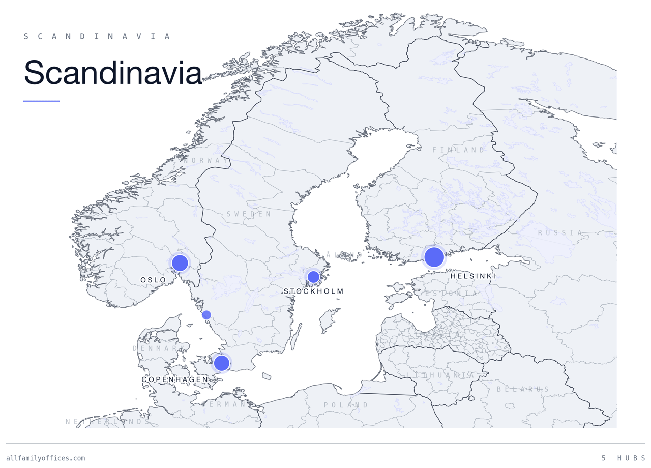 Map of Scandinavia with its family office hubs marked