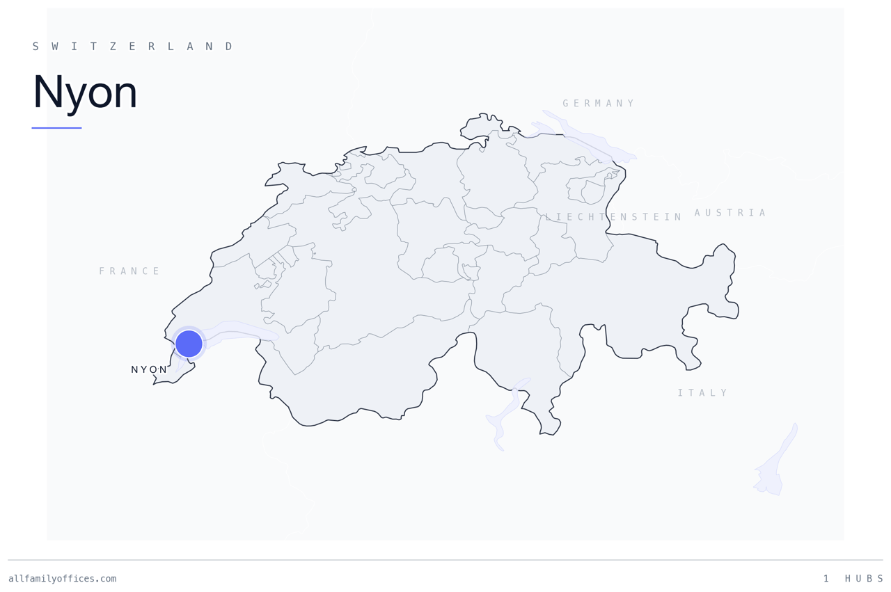 Map of Switzerland with Nyon marked as a family office hub