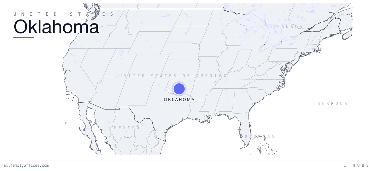 Map of the United States with Oklahoma marked as a family office hub