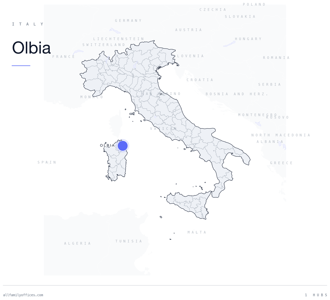 Map of Italy with Olbia marked as a family office hub