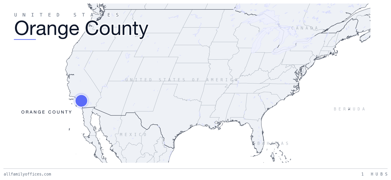 Map of the United States with Orange County marked as a family office hub