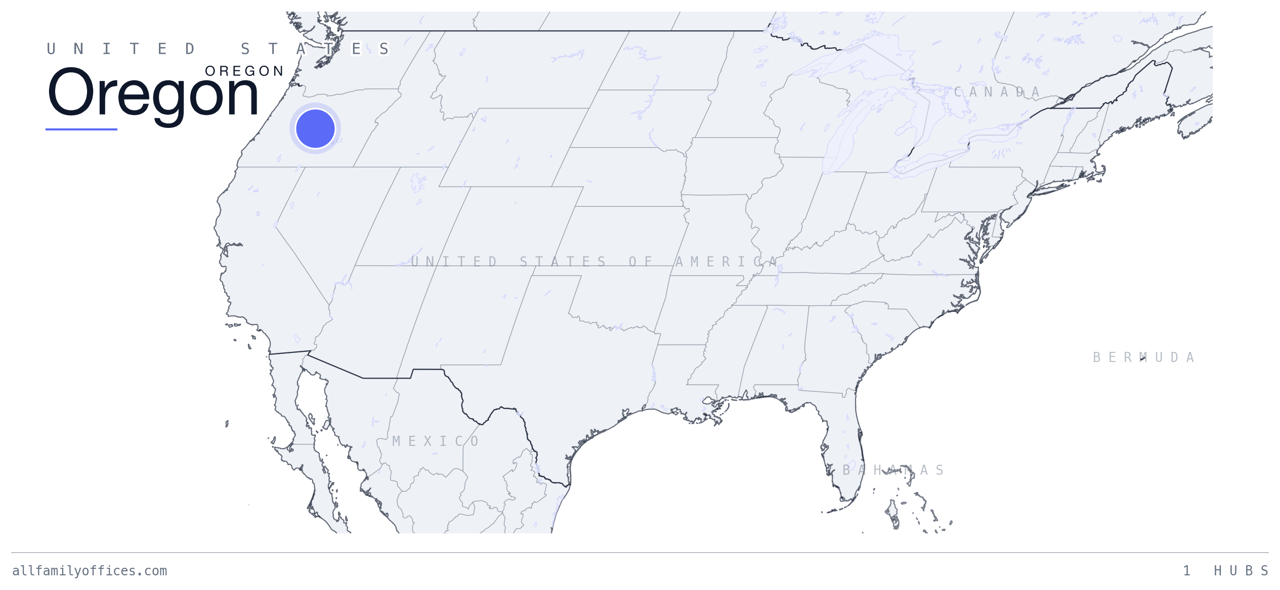 Map of the United States with Oregon marked as a family office hub