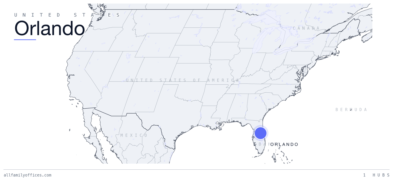 Map of the United States with Orlando marked as a family office hub