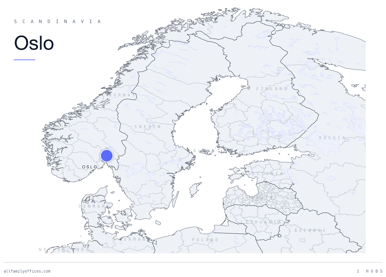 Map of Scandinavia with Oslo marked as a family office hub