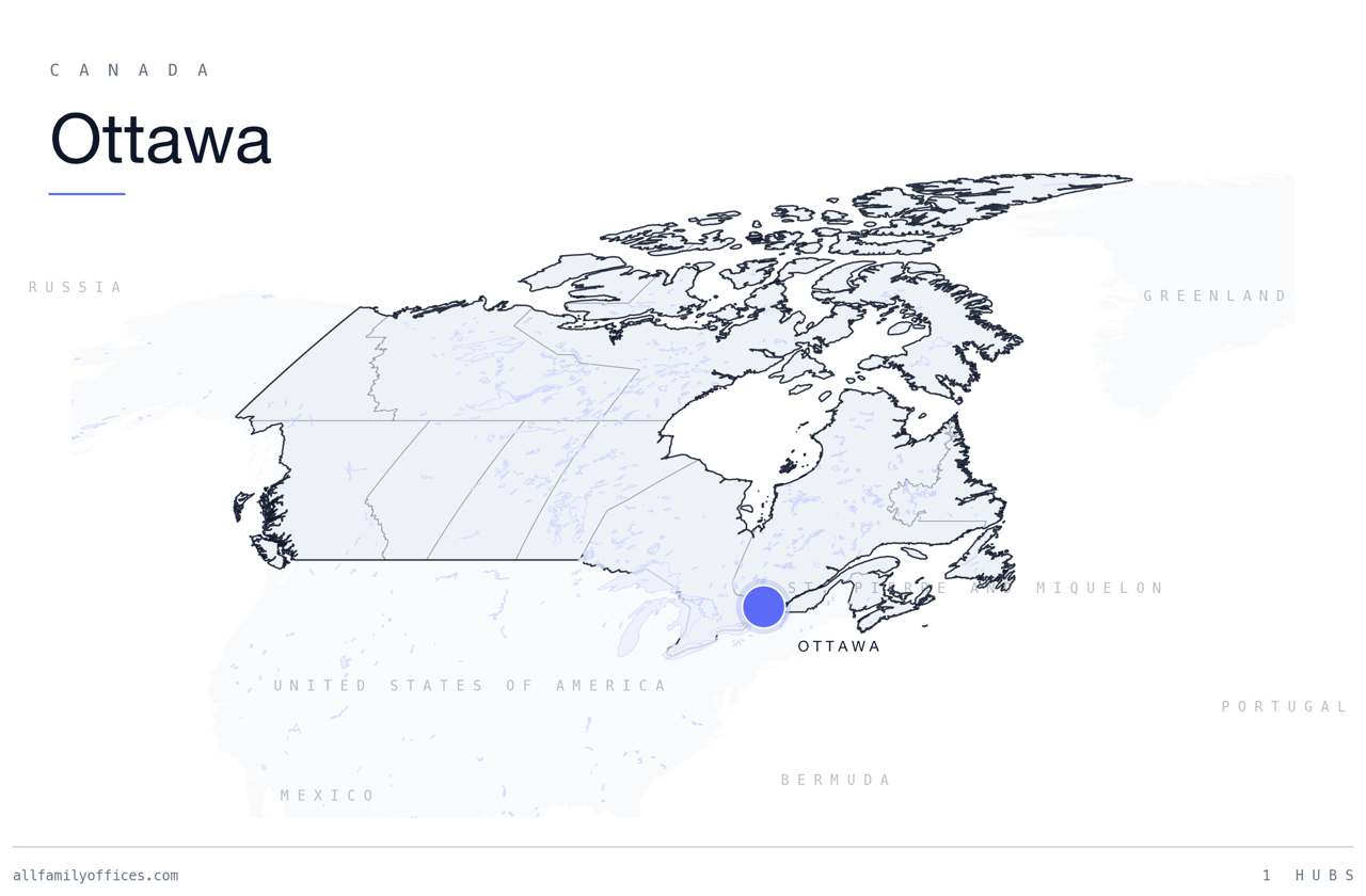 Map of Canada with Ottawa marked as a family office hub