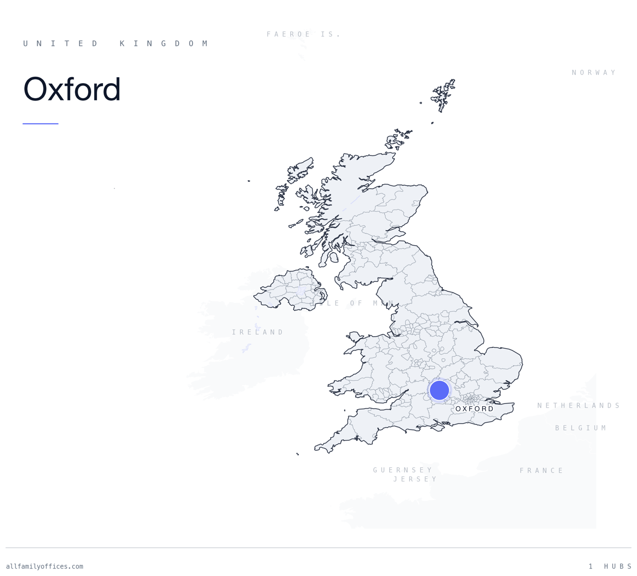 Map of the United Kingdom with Oxford marked as a family office hub