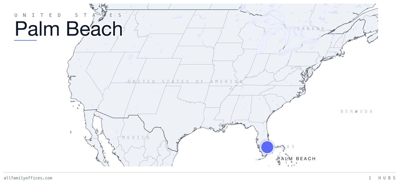 Map of the United States with Palm Beach marked as a family office hub