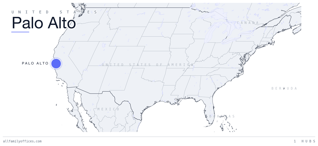 Map of the United States with Palo Alto marked as a family office hub